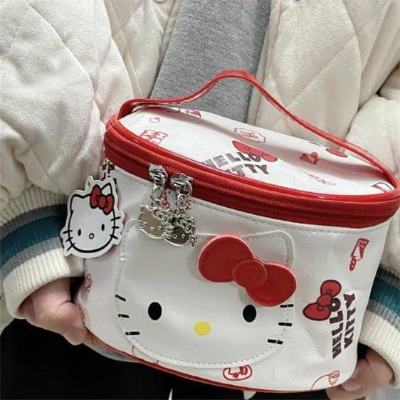 Cute Hello Kitty Ribbon Head White Red Girly Makeup Bag