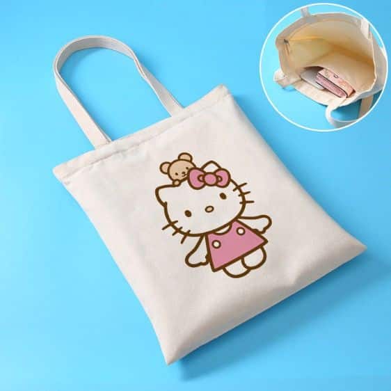 Cute Sanrio Cat Hello Kitty With Teddy Bear White Tote Bag