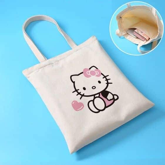 Kawaii Hello Kitty Black Pink Outfit Heart Ribbon Art Tote Bag