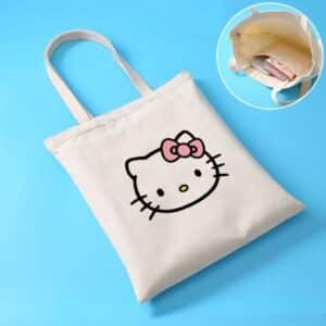 Kawaii Hello Kitty Head Pink Ribbon Logo Canvas Tote Bag