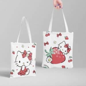 Kawaii Hello Kitty Strawberry Cherry Ribbon Art Tote Bag