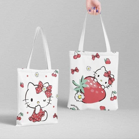 Kawaii Hello Kitty Strawberry Cherry Ribbon Art Tote Bag