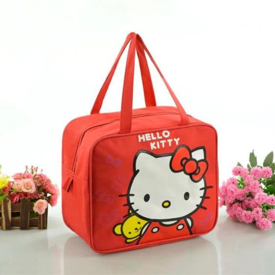 Lovely Hello Kitty Teddy Bear Ribbon Pattern Red Lunch Bag
