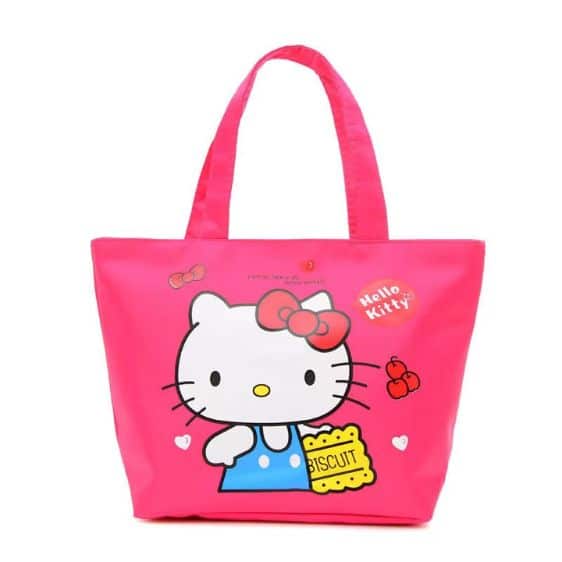 Adorable Hello Kitty Cat Holding Biscuit Hot Pink Tote Bag