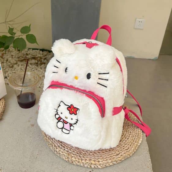 Kawaii Hello Kitty Cat Face White Plush Backpack