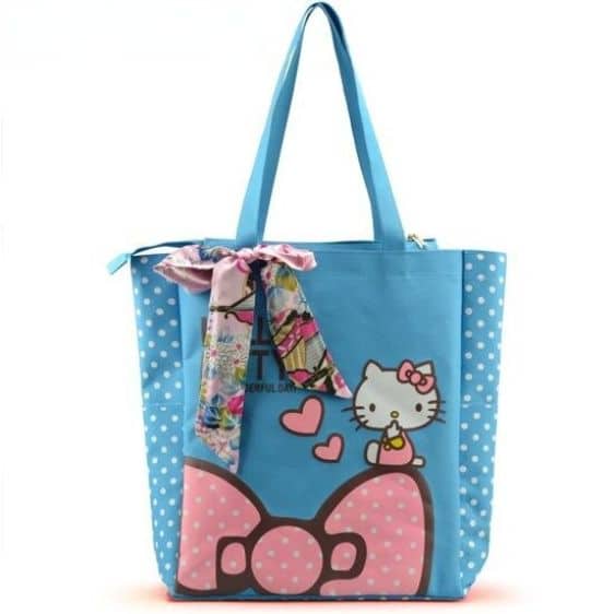 Kawaii Hello Kitty Cat Heart Ribbon Blue Tote Bag