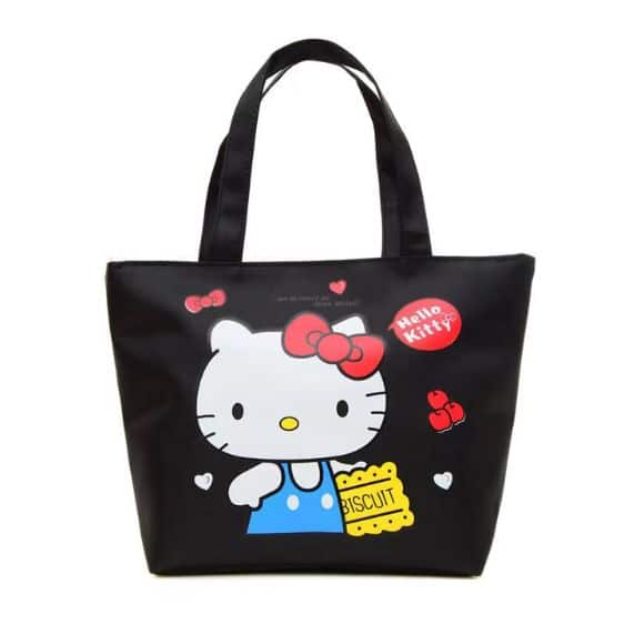 Kawaii Sanrio Hello Kitty Red Ribbon Art Black Tote Bag
