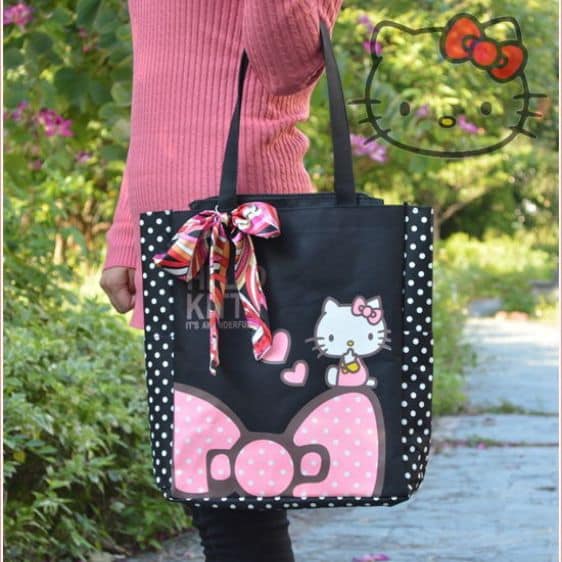 Lovely Sanrio Hello Kitty Cat Ribbon Art Black Tote Bag