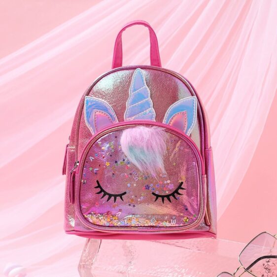PU Leather Sparkling Shiny Hot Pink Metallic Unicorn Backpack for Kids