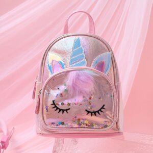 PU Leather Sparkling Shiny Light Pink Metallic Unicorn Backpack for Kids