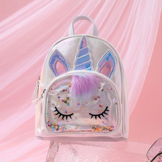 PU Leather Sparkling Shiny White Metallic Unicorn Backpack for Kids